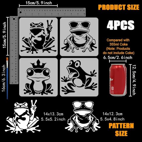 FINGERINSPIRE 4PCS Funny Frogs Stencils with 1Pc Brush 5.9x5.9inch Frog Wearing Sunglasses Stencil Frog Wearing a Crown Stencil Animal Theme Template for Painting on Wall Wood Furniture DIY Home in Saudi Arabia