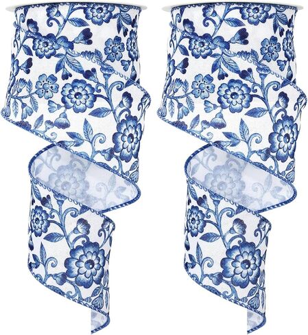 Blue White Floral Wired Edge Ribbon Chinoiserie Flower Craft Ribbon Decorative Fabric Ribbon for Wreath Bow Making DIY Crafts Wrapping Party Decor Supplies, 1 Roll, 12 Yard in Saudi Arabia