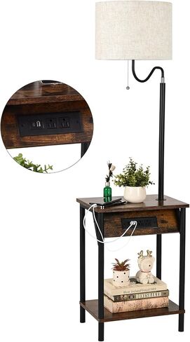 FIMEI Floor Lamp with Table, End Table with Charging Station USB Ports & Outlets, Bedside Table 3 Color Temperature Reading Light, Nightstand with Shelves for Living Room, Bedroom, Apartment in Saudi Arabia