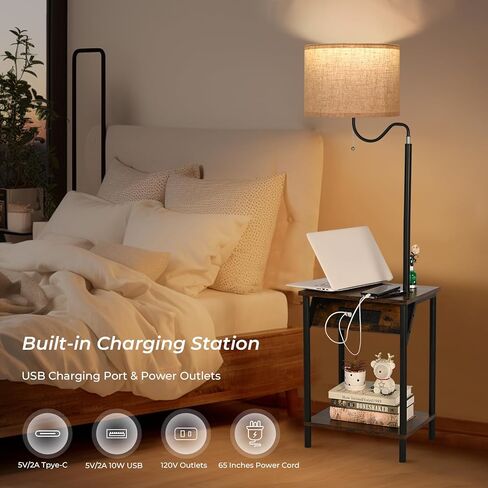 FIMEI Floor Lamp with Table, End Table with Charging Station USB Ports & Outlets, Bedside Table 3 Color Temperature Reading Light, Nightstand with Shelves for Living Room, Bedroom, Apartment in Saudi Arabia