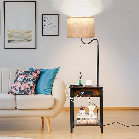FIMEI Floor Lamp with Table, End Table with Charging Station USB Ports & Outlets, Bedside Table 3 Color Temperature Reading Light, Nightstand with Shelves for Living Room, Bedroom, Apartment in Saudi Arabia