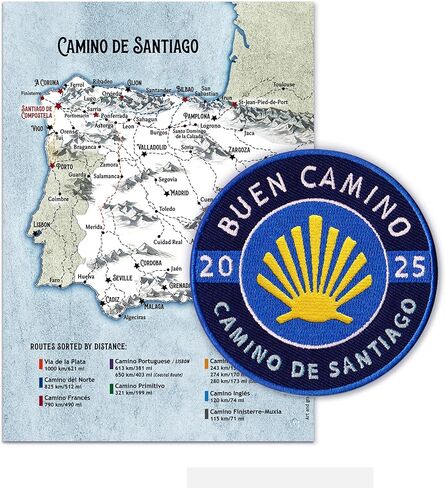 Buen Camino 2025 Commemorative Patch and Map Card // Camino de Santiago Pilgrim Badge // Blue and Yellow Shell Design // Global Shipping in Saudi Arabia
