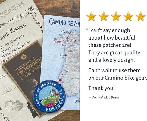 Buen Camino 2025 Commemorative Patch and Map Card // Camino de Santiago Pilgrim Badge // Blue and Yellow Shell Design // Global Shipping in Saudi Arabia