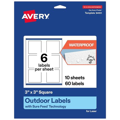 Avery Outdoor Waterproof Square Labels with Sure Feed Technology, 3" x 3", White Film, Print-to-The-Edge, Compatible with Laser Printers, 60 Labels Total in Saudi Arabia