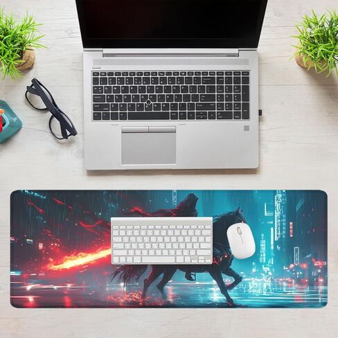 Skeleton Knight Mouse Pad, Black Horse Red Giant Sword Mousepad Extended Large Laptop Keyboard Non-Slip Rubber Base with Stitched Edges for Home 31.5 x 11.8 inch in Kuwait