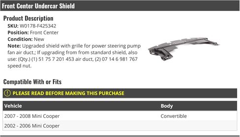 Front Center Undercar Engine Cover Shield - Compatible with 2002-2008 Mini Cooper in Saudi Arabia