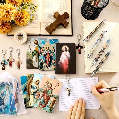 10 Sets Catholic Religious Gifts Saint Prayer Notebook Acrylic Keychain Ballpoint Pens Organza Bag Catholic Rosary Gift (Christian) in Saudi Arabia