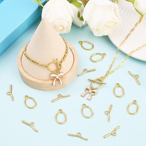 SUNNYCLUE 1 Box 10 Sets Stainless Steel Toggle Clasps Silver Necklace Toggle Clasp Bulk Circle Closure Connector T-Bar Ring Antique Oval Chain Toggle Clasp for Jewelry Making Necklace Bracelet DIY in Saudi Arabia
