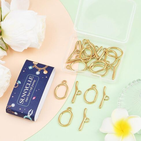 SUNNYCLUE 1 Box 10 Sets Stainless Steel Toggle Clasps Silver Necklace Toggle Clasp Bulk Circle Closure Connector T-Bar Ring Antique Oval Chain Toggle Clasp for Jewelry Making Necklace Bracelet DIY in Saudi Arabia