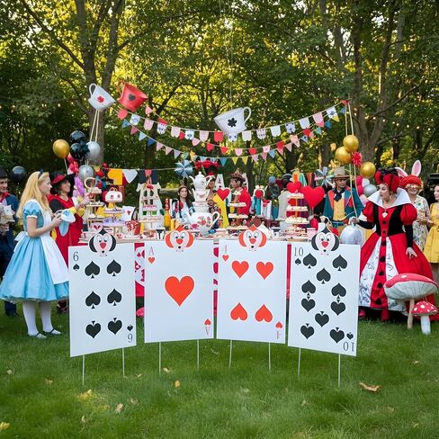 ديكورات حفلات أليس ديكور حفلات بلاد العجائب، إكسسوارات ملكة القلوب، 4 قطع لافتات ساحة جنود الملكة مع أوتاد ديكور حفلات بطابع أليس، لافتة حديقة كبيرة للأماكن الداخلية والخارجية in Kuwait