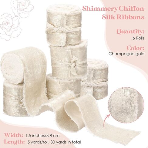 30 Yards Shimmery Chiffon Silk Ribbons for Xmas Tree Decoration Wedding Decor Invitations Bridal Flower Bouquets Gift Wrapping DIY Crafts(Champagne Gold) in Saudi Arabia