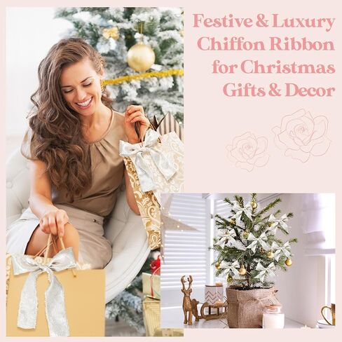 30 Yards Shimmery Chiffon Silk Ribbons for Xmas Tree Decoration Wedding Decor Invitations Bridal Flower Bouquets Gift Wrapping DIY Crafts(Champagne Gold) in Saudi Arabia