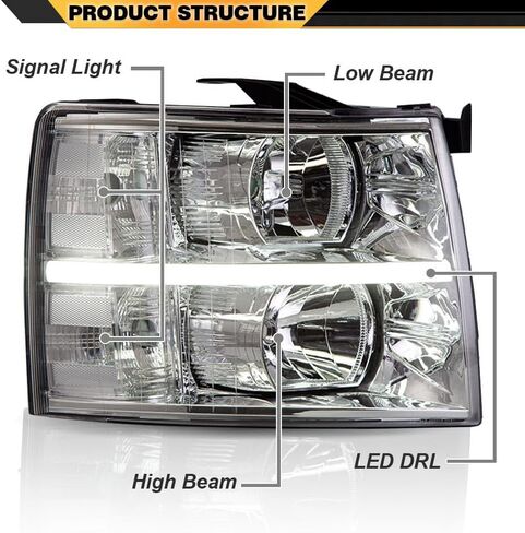 LED DRL Headlight Assembly Compatible with 2007-2013 Chevy Silverado Headlights Bumper Lamp Set Replacement (LED Clause Type Clear lens Chrome Housing Clear Reflector) Left+Right in Saudi Arabia