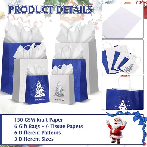 Humyoun 12 Pack Christmas Gift Bags Assorted Sizes with Tissue Paper Red Green Gift Bags with Golden Spot Gloss Xmas Tree (4 Small 6.5" 4 Medium 9.6" 4 Large 13") for Christmas Gifts Wrapping in Saudi Arabia