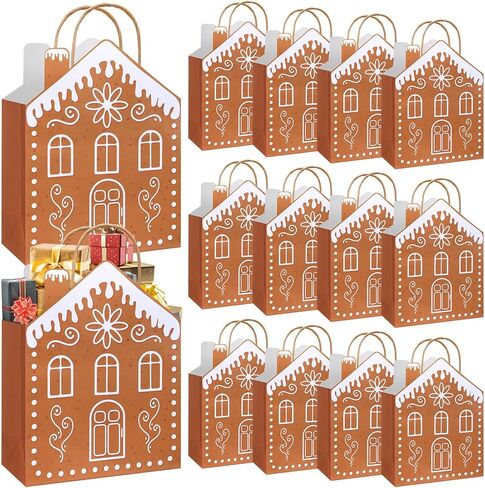 Kolldenn 24 Pcs Kraft Christmas Gingerbread Paper Gift Bags with Handles Reusable Gingerbread House Shaped Goodies Treat Candy Bags Bulk 10.6 x 3.1 x 7.1 Inch for Wrapping Holiday Xmas Party Favors in Saudi Arabia