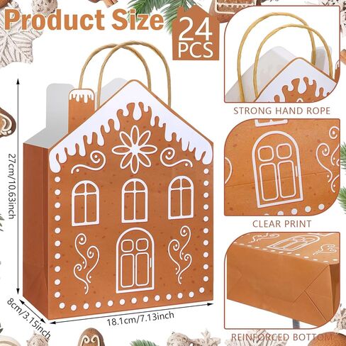 Kolldenn 24 Pcs Kraft Christmas Gingerbread Paper Gift Bags with Handles Reusable Gingerbread House Shaped Goodies Treat Candy Bags Bulk 10.6 x 3.1 x 7.1 Inch for Wrapping Holiday Xmas Party Favors in Saudi Arabia