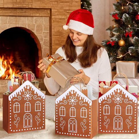 Kolldenn 24 Pcs Kraft Christmas Gingerbread Paper Gift Bags with Handles Reusable Gingerbread House Shaped Goodies Treat Candy Bags Bulk 10.6 x 3.1 x 7.1 Inch for Wrapping Holiday Xmas Party Favors in Saudi Arabia