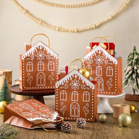 Kolldenn 24 Pcs Kraft Christmas Gingerbread Paper Gift Bags with Handles Reusable Gingerbread House Shaped Goodies Treat Candy Bags Bulk 10.6 x 3.1 x 7.1 Inch for Wrapping Holiday Xmas Party Favors in Saudi Arabia