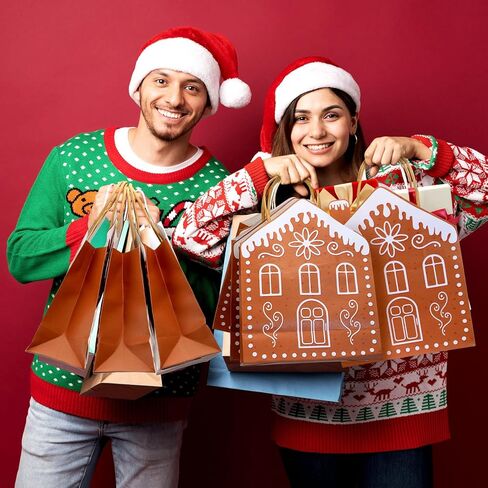 Kolldenn 24 Pcs Kraft Christmas Gingerbread Paper Gift Bags with Handles Reusable Gingerbread House Shaped Goodies Treat Candy Bags Bulk 10.6 x 3.1 x 7.1 Inch for Wrapping Holiday Xmas Party Favors in Saudi Arabia