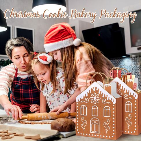Kolldenn 24 Pcs Kraft Christmas Gingerbread Paper Gift Bags with Handles Reusable Gingerbread House Shaped Goodies Treat Candy Bags Bulk 10.6 x 3.1 x 7.1 Inch for Wrapping Holiday Xmas Party Favors in Saudi Arabia