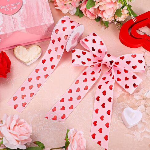 Whaline Valentine's Day Grosgrain Ribbons Pink Red Foil Heart Fabric Craft Ribbon for Wreath Bow Gift Wrap Party Decor, 3/8", 10 Yards in Saudi Arabia
