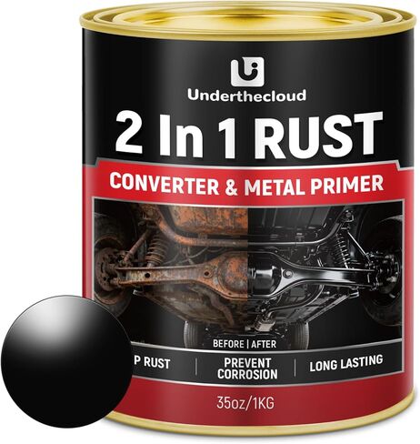 محول الصدأ 2 في 1 وطلاء معدني تمهيدي، (35 أونصة) مصلح الصدأ فائق الثبات للحرارة وطلاء مغلف للصدأ للسيارة والمقطورة وإطار الشاحنة والهيكل والمورت وحماية طويلة الأمد ضد الصدأ، يوقف ويزيل التآكل بشكل دائم، أسود غير لامع in Kuwait