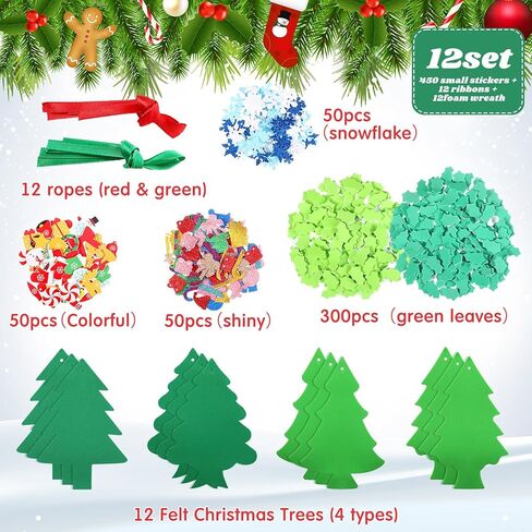 Fumete 474 Pcs Christmas Craft Foam Sticker with 12 Foam Wreath Xmas Tree 450 Diverse Sticker 12 Ribbon Christmas Decoration Party Favor Fun Home Activity(Wreath) in Saudi Arabia
