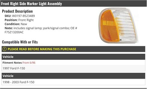 Front Right Passenger Side Side Marker Light Assembly - Compatible with 1997-2003 Ford F-150 (From 6/1996) in Saudi Arabia