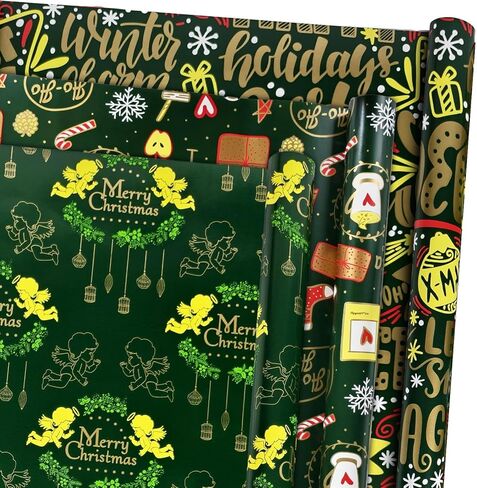 Omsaca Christmas Wrapping Paper Set of 3 Rolls - 17 inches x 9.8 feet Per Roll - White Gold Luxury Gift Wrapping Papper, Xmas Wrapping Paper Rolls for Christmas New Year Winter in Saudi Arabia