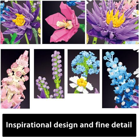 مجموعة بناء باقة الزهور للنساء البالغات، مجموعة نباتية ديكور منزلي فريد أو ديكور مكتب، 13 زهرة صناعية هدية بناء لعيد الحب، عيد الميلاد (13 زهرة) in Kuwait