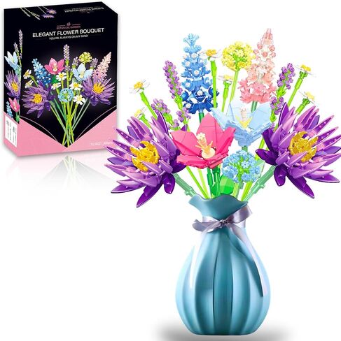 مجموعة بناء باقة الزهور للنساء البالغات، مجموعة نباتية ديكور منزلي فريد أو ديكور مكتب، 13 زهرة صناعية هدية بناء لعيد الحب، عيد الميلاد (13 زهرة) in Kuwait