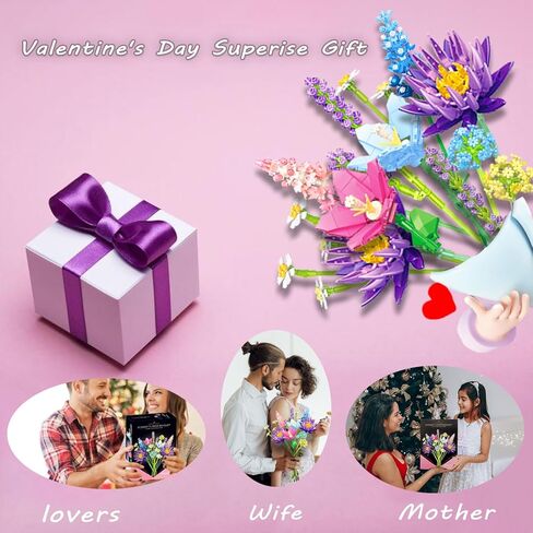 مجموعة بناء باقة الزهور للنساء البالغات، مجموعة نباتية ديكور منزلي فريد أو ديكور مكتب، 13 زهرة صناعية هدية بناء لعيد الحب، عيد الميلاد (13 زهرة) in Kuwait