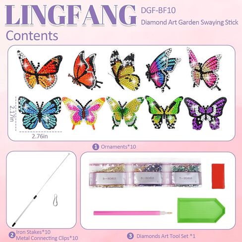 lingfang 10 قطع الماس الفن يتمايل في مهب الريح، مجموعات الفن الماس للبالغين، مرونة عالية حديقة الحديد حصص الديكور، الحرف اللوحة الفنية الماس للمبتدئين، هدية امرأة (فراشة) in Kuwait