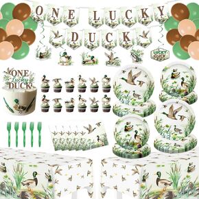 One Lucky Duck Birthday Decorations – 120PCS Mallard Duck Baby Shower Decorations with Banner, Hanging Swirls, Balloons, Tablecloths, Plates, Napkins, Forks, Cake Topper, Cupcake Toppers in Saudi Arabia