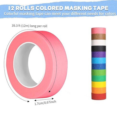 12PCS Colored Masking Tape, Kids Art Supplies, DIY Craft Tape, Colored Tape Rolls, Colored Painters Tape, 1.7cm x 12m (2/3In x 13Yards) in Saudi Arabia
