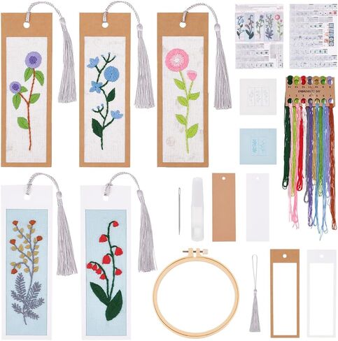 INFUNLY 5 Set Embroidery Bookmark Set Plant Book Marker Cross Stitch Kits DIY Hand Embroidery Bookmark Counted Cross Stitch Kit for Reading Teacher Gift Instruction Included in Saudi Arabia