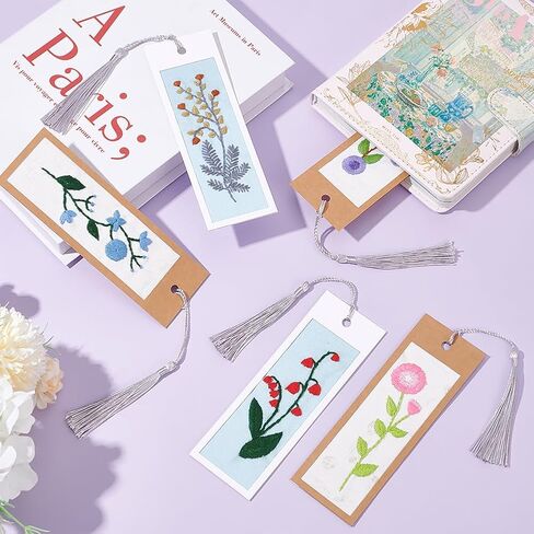 INFUNLY 5 Set Embroidery Bookmark Set Plant Book Marker Cross Stitch Kits DIY Hand Embroidery Bookmark Counted Cross Stitch Kit for Reading Teacher Gift Instruction Included in Saudi Arabia
