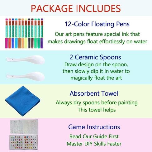 12 Colors Magic Drawing Pens for Kids Water - Kiddies Create Magical Floating Drawings Bundle with Spoons & Towel, Magic Water Art Painting Marker Set for Tattoo, Gift Kit for Boys & Girls Aged 4-15 in Saudi Arabia