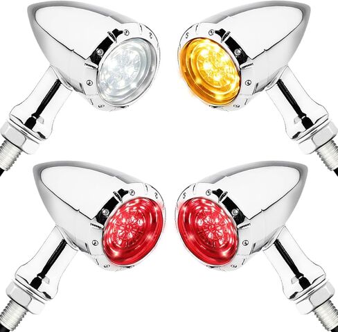 مجموعة إشارة الانعطاف LED للدراجات النارية - مصابيح أمامية بيضاء/كهرمانية وخلفية حمراء/فرامل/كهرمانية، مبيت من سبائك الزنك، M10 مناسب عالميًا للدراجات المخصصة لـ Cruiser Bobber Chopper (أسود-أمامي + خلفي) in Saudi Arabia