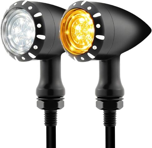 مجموعة إشارة الانعطاف LED للدراجات النارية - مصابيح أمامية بيضاء/كهرمانية وخلفية حمراء/فرامل/كهرمانية، مبيت من سبائك الزنك، M10 مناسب عالميًا للدراجات المخصصة لـ Cruiser Bobber Chopper (أسود-أمامي + خلفي) in Saudi Arabia