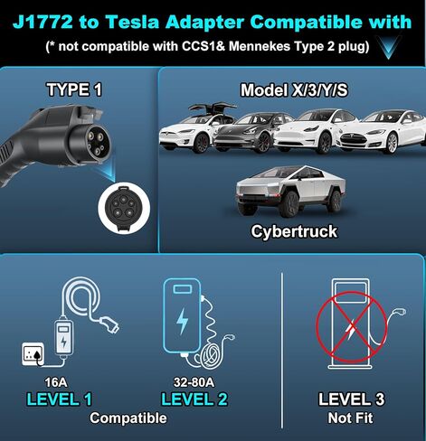 محول شاحن J1772 إلى Tesla، محول SAE J1772 إلى NACS، قفل شاحن الأمان، قابس شحن سريع Aurisyn بحد أقصى 80 أمبير 240 فولت للطراز 3/Y/X/S/Cybertruck، متوافق مع شواحن EV من المستوى 1 والمستوى 2 in Kuwait