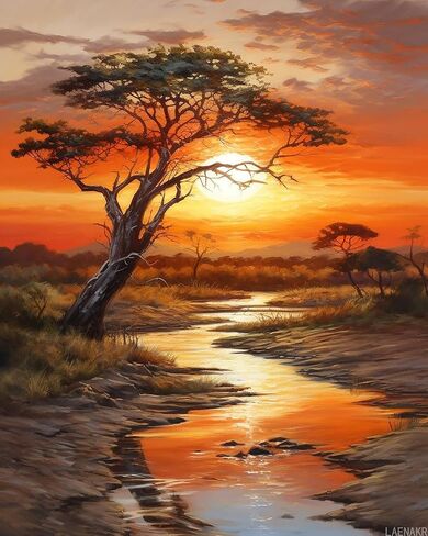LAENAKR DIY Paint by Numbers for Adults Beginner, Acacia Tree African Sunset, Paint by Numbers Kit Tree Painting by Numbers for Adults, Drawing Paintwork with Paintbrushes No Frame 40x50cm in Saudi Arabia