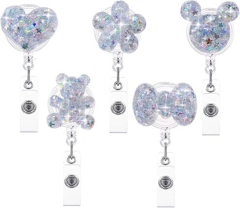 5PCS Bling Heart Shape Badge Reels Retractable Badge Holder Clip, Cute Bear Shiny Flower Nurse Badge Reel Clip Retractable ID Name Tag Card Badge Holder for Nurses Doctor Teacher in Saudi Arabia