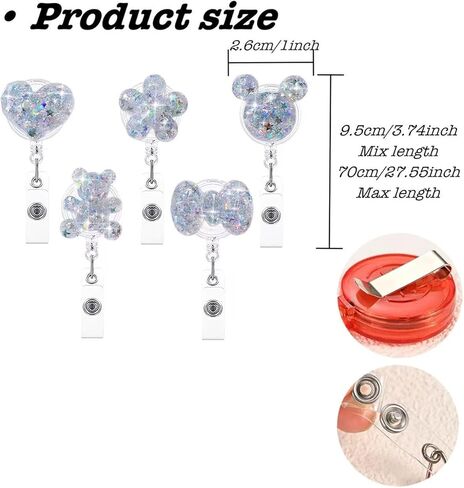 5PCS Bling Heart Shape Badge Reels Retractable Badge Holder Clip, Cute Bear Shiny Flower Nurse Badge Reel Clip Retractable ID Name Tag Card Badge Holder for Nurses Doctor Teacher in Saudi Arabia