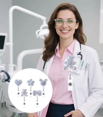 5PCS Bling Heart Shape Badge Reels Retractable Badge Holder Clip, Cute Bear Shiny Flower Nurse Badge Reel Clip Retractable ID Name Tag Card Badge Holder for Nurses Doctor Teacher in Saudi Arabia