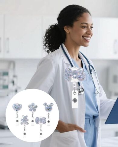 5PCS Bling Heart Shape Badge Reels Retractable Badge Holder Clip, Cute Bear Shiny Flower Nurse Badge Reel Clip Retractable ID Name Tag Card Badge Holder for Nurses Doctor Teacher in Saudi Arabia