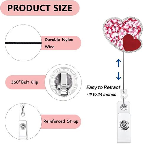 Valentines Badge Reel Retractable Heart Shape Nurse Badge Reels Valentines Heart Badge Holder Retractable Clip for Nursing Holiday Name Tag Acrylic Alligator Clip for Doctor Teacher Office in Saudi Arabia