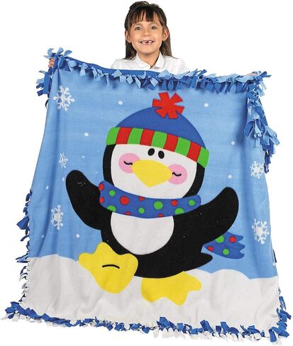 Fun Express No Sew Fleece Blanket Kit for Girls - Penguin Tie Blanket Making Kit 54x54 inch | Craft Kits for Kids Ages 4-12 | Winter DIY Crafts for Girls with Pre-Cut Fringe Design in Saudi Arabia