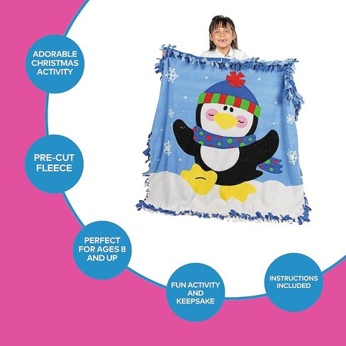 Fun Express No Sew Fleece Blanket Kit for Girls - Penguin Tie Blanket Making Kit 54x54 inch | Craft Kits for Kids Ages 4-12 | Winter DIY Crafts for Girls with Pre-Cut Fringe Design in Saudi Arabia