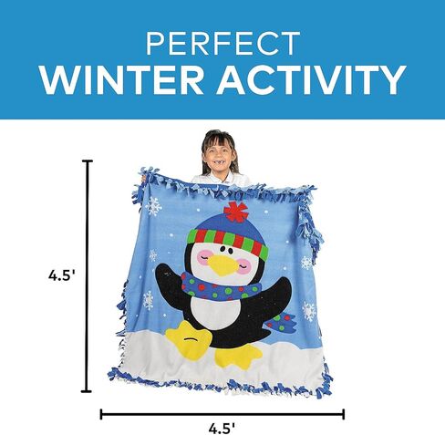 Fun Express No Sew Fleece Blanket Kit for Girls - Penguin Tie Blanket Making Kit 54x54 inch | Craft Kits for Kids Ages 4-12 | Winter DIY Crafts for Girls with Pre-Cut Fringe Design in Saudi Arabia